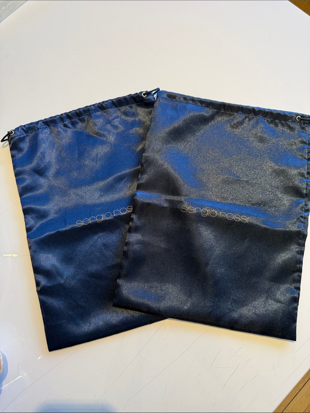 Sergio Rossi Navy Satin Drawstring Dust Bags (pair)  with Gold Logo